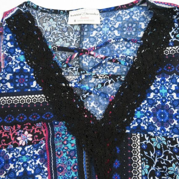 Bobby Brooks Knit Top Sleeveless Multicolor Patchwork Ladder Lace V-Neck - Picture 6 of 9